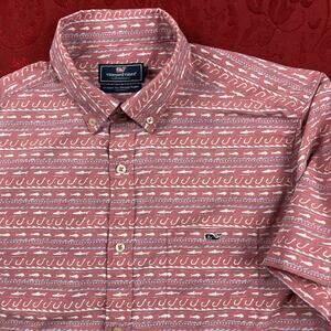 Vineyard Vines Classic Fit Tucker Shirt Men L Pink Fish Hook Shark Print Sht Slv